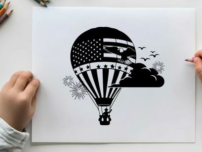 American flag hot air balloon silhouette with fireworks