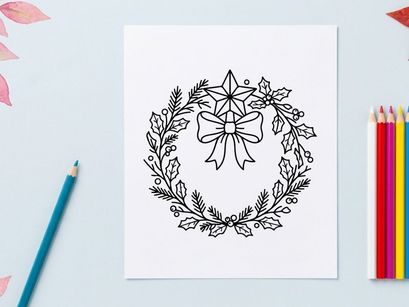Christmas wreath line art with star and bow, festive holiday vector illustration design.