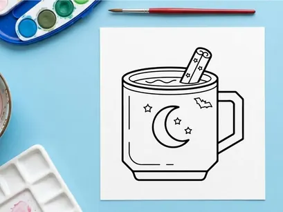 Coffee mug with crescent moon and toothbrush for nighttime routine. Cozy bedtime drink cup with sleep hygiene and self-care concept.
