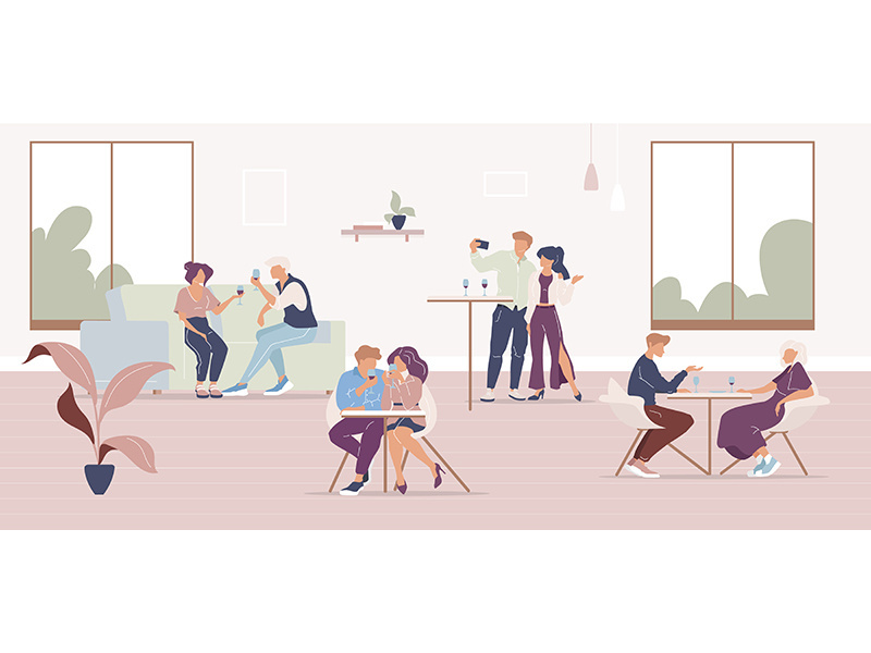 People in restaurant flat color vector illustration