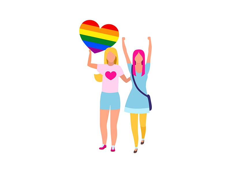 Girls participating in gay rights movement semi flat color vector characters