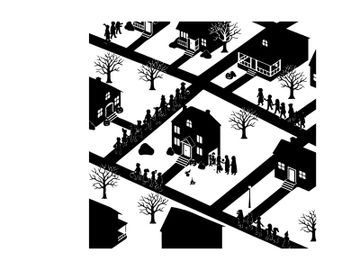 Silhouette of a snowy neighborhood scene with houses and people preview picture