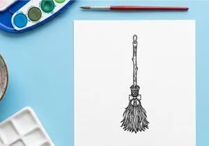 Hand-drawn vintage broom with wooden handle and natural bristles. Classic cleaning tool sketch for household or witchcraft themes.