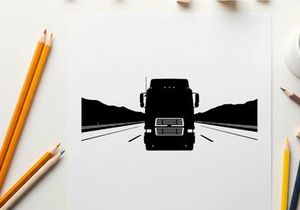 Silhouette of a semi truck driving down a highway with mountains