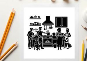 Family cooking together in kitchen silhouette