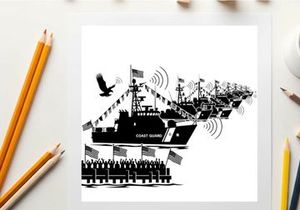 American navy ships silhouette with flags and eagle