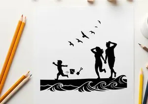 Silhouette of family on beach with waves and birds