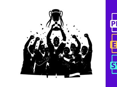 Triumphant team celebrates victory with trophy