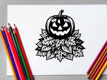 Halloween Pumpkin with Carved Face and Leaves for Fall Decor