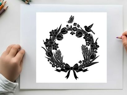 Silhouette of a floral wreath with bow and birds