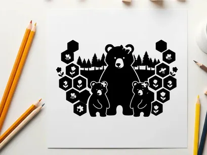 Silhouette of a bear family in forest with honeycombs silhouette