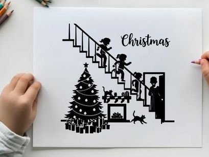 Christmas silhouette of family and children on stairs