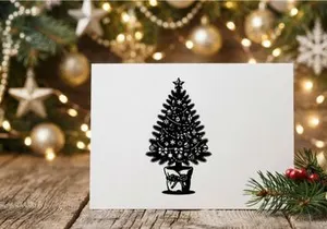 Black and white Christmas tree illustration with ornaments and star in a decorative pot.