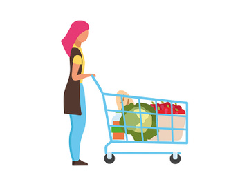 Woman with shopping cart semi flat color vector character preview picture
