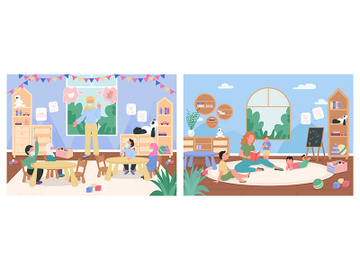 Kindergarten lessons flat color vector illustration set preview picture