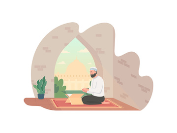 Praying with quran 2D vector web banner, poster preview picture
