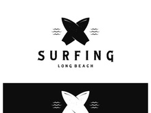 surfing logo with vintage paddle board beach waves, for business, sport, adventure, tourism, vacation