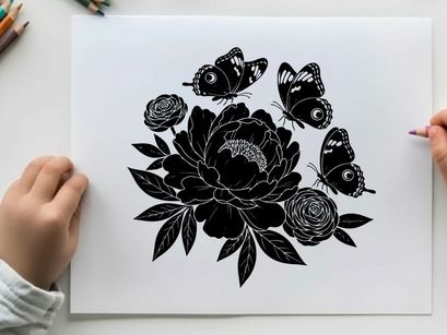 Silhouette of butterflies and flowers on white background