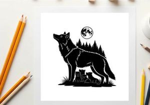 Silhouette of a wolf howling at the full moon in forest