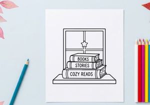 Stack of books on a windowsill with a star icon, cozy Christmas reading illustration.