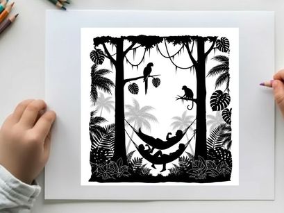 Silhouette of a tropical forest scene with people in a hammock