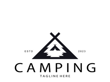 vintage and retro tent logo, camping. With tent, tree and bonfire sign. adventurers, scouts, climbers, camping equipment center preview picture