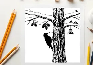 Silhouette of woodpecker on tree with bird feeder and other birds