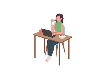 Woman eating at computer desk flat color vector faceless character preview picture