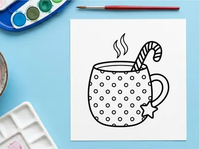 Steaming hot coffee mug with star and candy cane on Christmas morning celebration