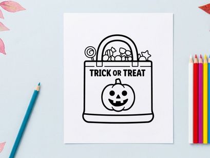 Halloween trick or treat candy bucket with jack-o-lantern. Festive kids pumpkin candy bag for spooky holiday celebrations and parties.