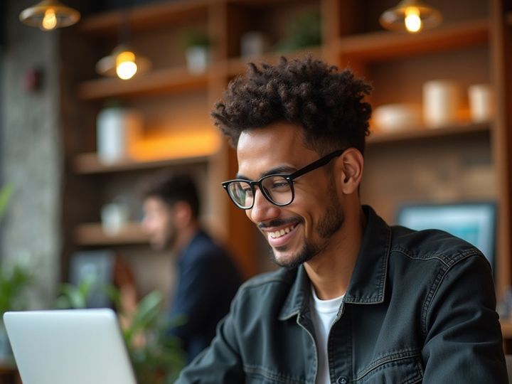 A smiling freelancer works on a laptop in a coffee shop.