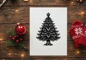 Hand drawn Christmas tree illustration with star topper in vintage woodcut engraving style.