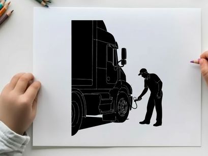 Silhouette of a man checking a semi truck tire in a depot