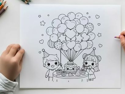 Kids birthday party with balloons and cake vector illustration