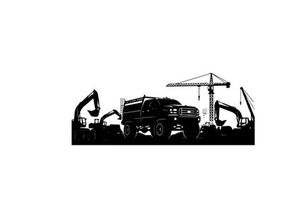 Construction site silhouette with excavators and crane