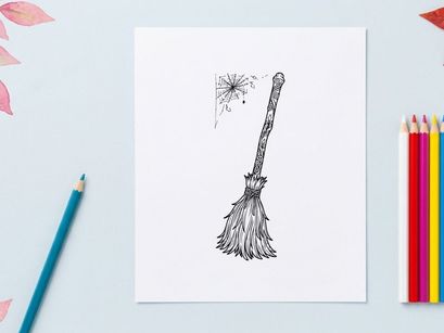 Hand-drawn broom illustration for cleaning and home decor. Vector-style household cleaning tool sketch with natural bristle texture.