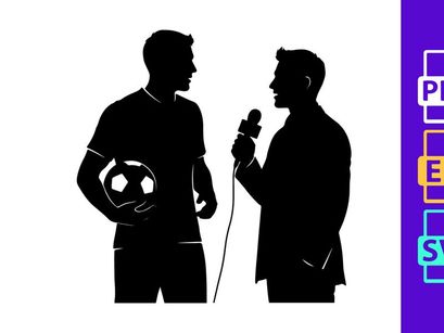 Silhouette of soccer player being interviewed on field with ball