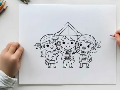 Three happy school kids holding hands vector illustration