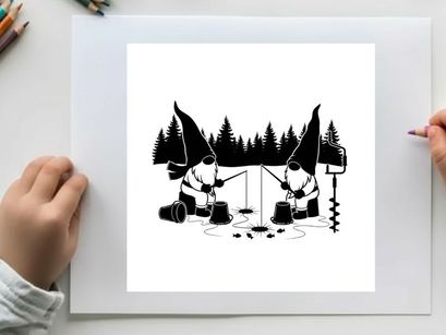 Gnomes ice fishing in silhouette on frozen lake with trees