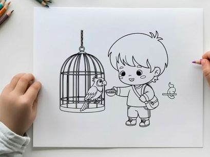 Boy feeding bird in cage flat design vector illustration