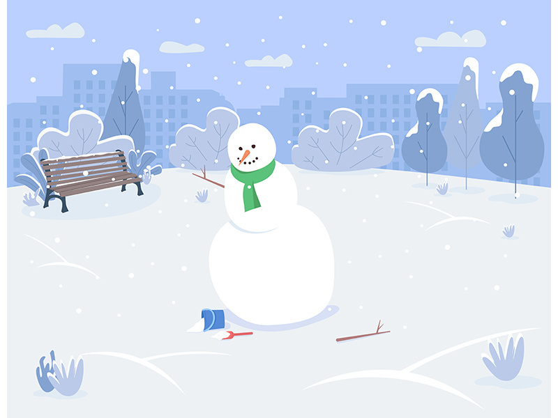 Snowman in urban park semi flat vector illustration