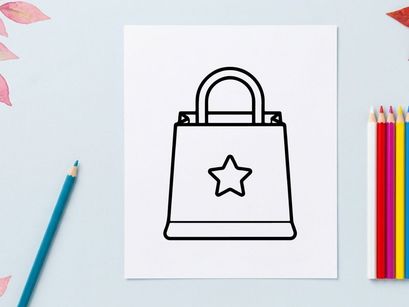 Bolsa de compras 3D blanca con estrella dorada y asa. Icono de tote minimalista para regalos y promociones minoristas y de temporada.