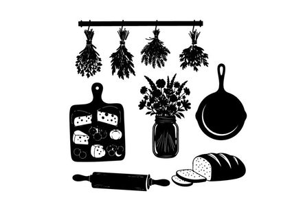 Silhouette of kitchen utensils and herbs on a rack