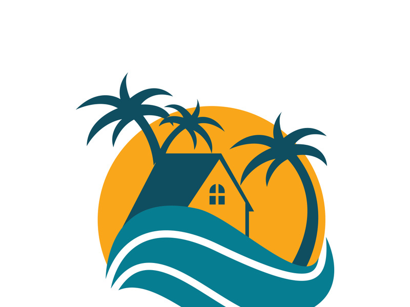 Minimalist icon sunset beach house logo design template