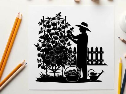 Silhouette of a gardener tending to a plant with a fence in the background