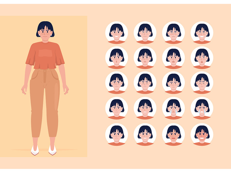 Young woman mental conditions semi flat color character emotions set