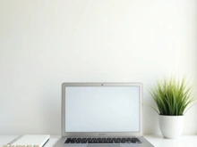 Minimal desk workspace with laptop, notebook, and indoor plant