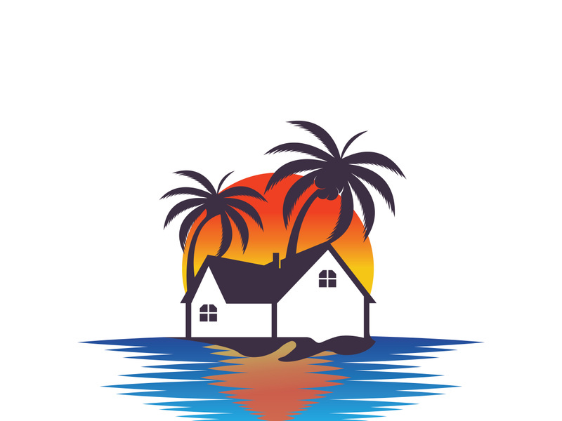 Minimalist icon sunset beach house logo design template