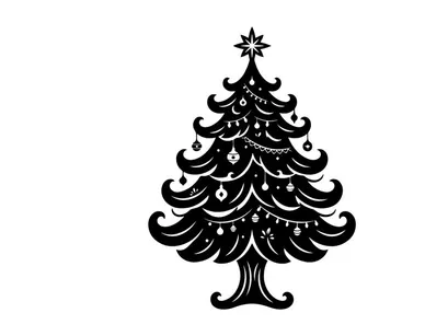 Ícono de árbol de Navidad en blanco y negro con adornos y estrella en la parte superior aislado sobre fondo blanco.