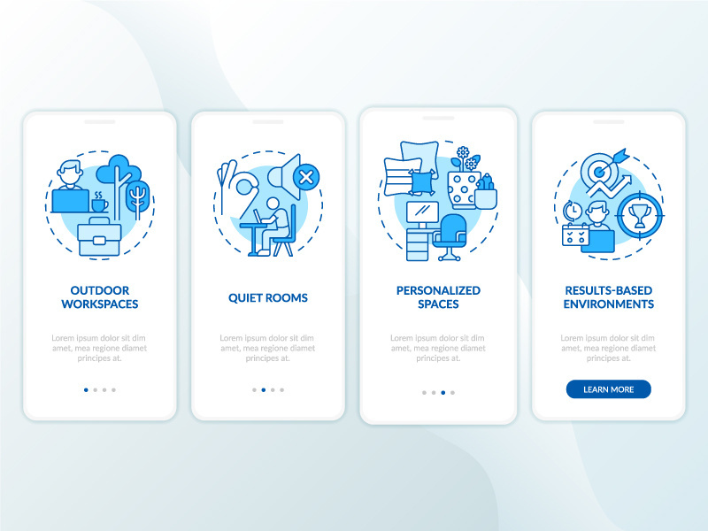 Creating positive work culture blue onboarding mobile app screen
